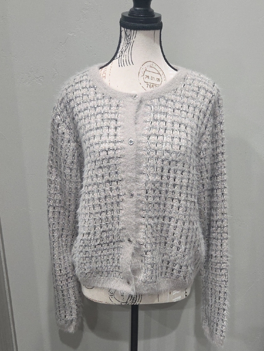 Calvin Klein Light Gray Textured Knit Button Cardigan